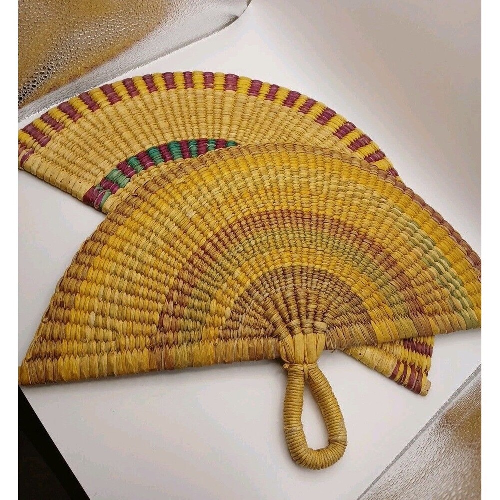 Woven Wicker Hand Fans Handmade Set of 2 Natural Straw Wicker Fan Boho Raffia - Picture 5 of 8